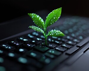 Explore the concept of green computing with this captivating image showcasing a Laptop keyboard with a small plant growing on it, symbolizing green computing and digital sustainability This visual