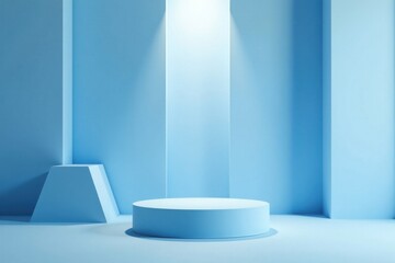 Serene Blue Minimalist Product Display Platform with Subtle Lighting and Geometric Shapes