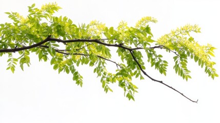 Fototapeta premium Spring branch, green leaves, white backdrop, design element