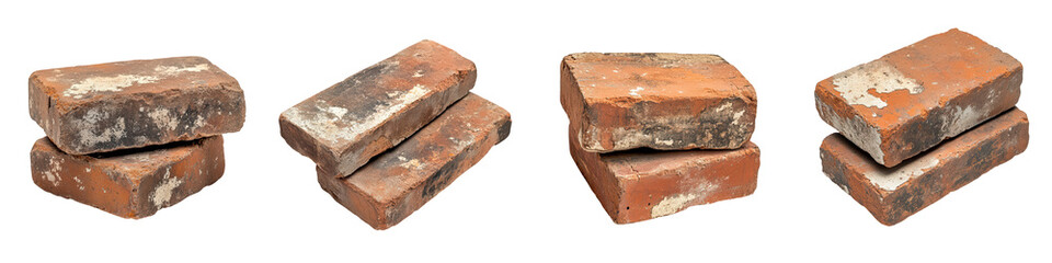 Weathered Red Clay Bricks Stacked for Construction, isolated on transparent background.