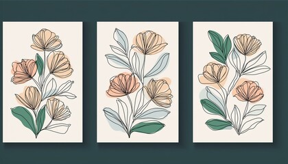 Obraz premium One line art flower poster set. Single continuous line leaf, flower minimal design background. Botanical art for print, wallpaper. perfect any project
