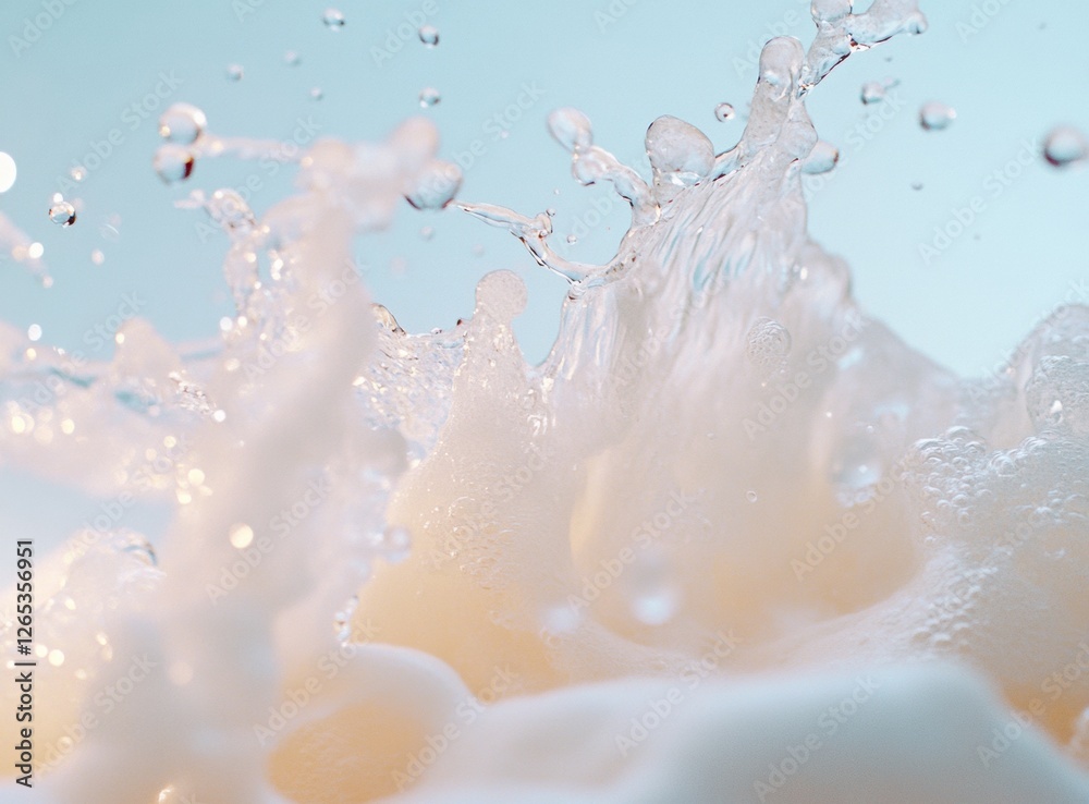 Poster Close-up view of a dynamic water splash with droplets suspended in mid-air, creating a refreshing and energetic scene against a light blue background