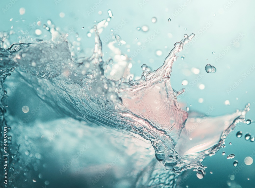 Poster Dynamic close-up of water splashing with droplets suspended in air, showcasing clear details and soft lighting in fresh blue tones