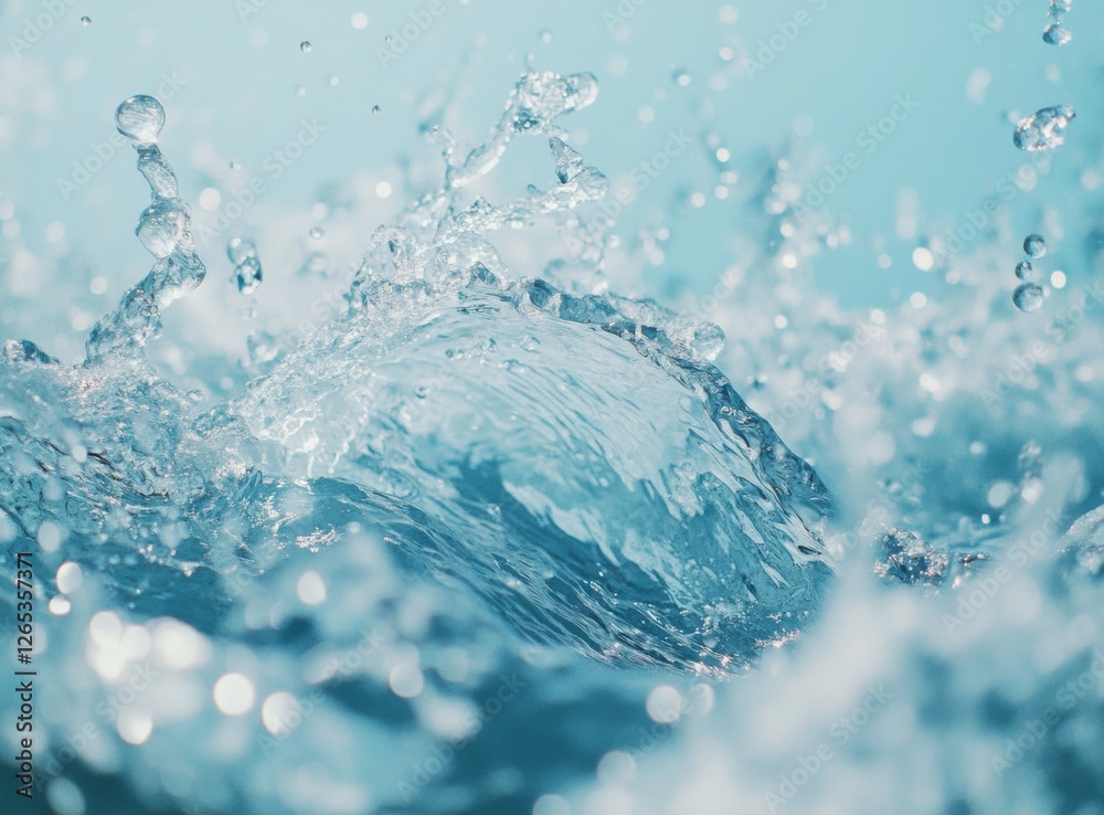 Poster light blue water splash with droplets and bubbles, capturing dynamic motion and soft lighting for a 