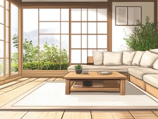 Bright minimalist living room interior with garden view