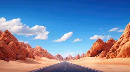 Naklejka premium A picturesque view of a long, empty road stretching through a stunning desert landscape under a bright blue sky adorned with fluffy white clouds