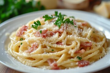Creamy pasta carbonara with bacon.