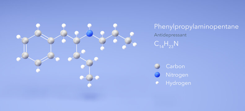 phenylpropylaminopentane molecule, molecular structure, antidepressant 3d model, Structural Chemical Formula and Atoms with Color Coding