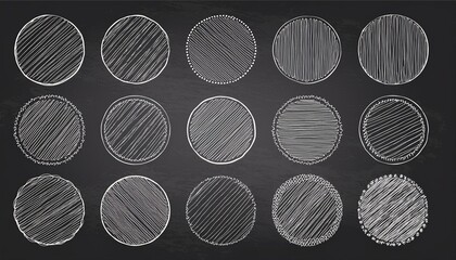 Hand drawn chalkboard circle line badge set. Rustic, chalk grunge style circle badge for frame, label, burst border. perfect any project. Drawn brush scribble line.