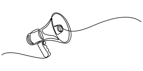 Megaphone Continuous Line Icon, Continuous line drawing representing a megaphone for announcing or protesting. Vector illustration, Loudspeaker one line continuous. Line art megaphone. Hand drawn pro.