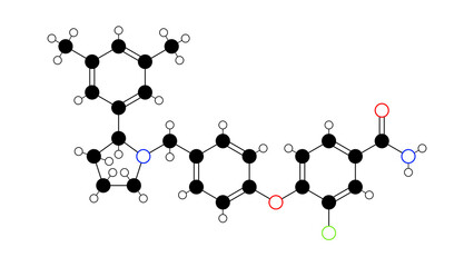 aticaprant molecule, structural chemical formula, ball-and-stick model, isolated image antidepressant