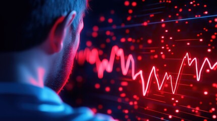 Man Analyzing Data Trends with Vibrant Red Digital Background