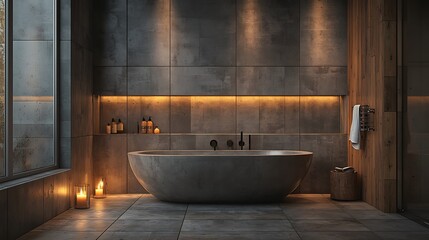 Modern concrete bathtub, spa bathroom, evening, city view
