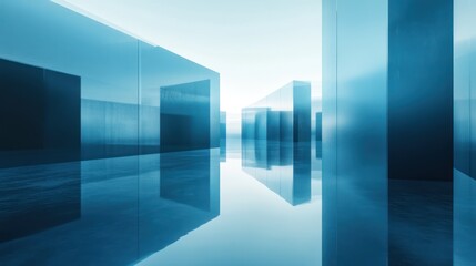 Obraz premium Abstract blue shapes are mirrored on a soft reflective surface, with light shining off the edges to create a sleek effect.