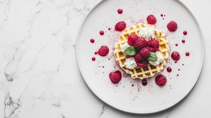 Delicious waffles with raspberries and cream