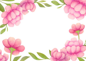 pink flowers, green leaves border. frame design on copy space background. elegant summer template for Wedding invitations, greeting card, save the date