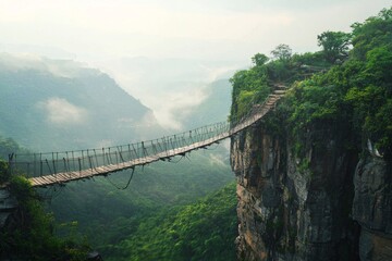 Fototapeta premium A hanging bridge across a dangerous cliff, symbolize challenge in life 