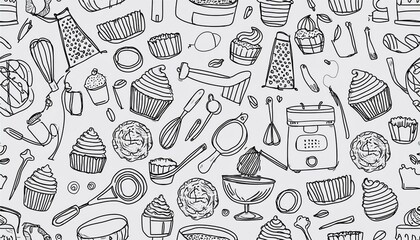 Obraz premium Hand drawn seamless pattern of baking and cooking tools, mixer, cake, spoon, cupcake, scale. Doodle sketch style. Illustration for textile, background, wallpaper design.
