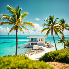 Fototapeta premium Tropical beachfront villa surrounded by palm trees on a sunny day in a serene ocean landscape