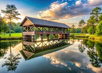 Obraz premium Conroe Covered Bridge, a minimalist river plantation.