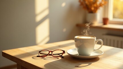 Fototapeta premium Warm morning light streams through a window, illuminating a steaming cup of cappuccino and eyeglasses resting on a light wood table.