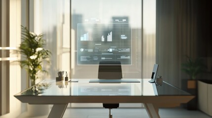 Minimalist office space with a sleek glass desk, digital whiteboard, and AI-powered task manager on a floating screen, smart workspace design.