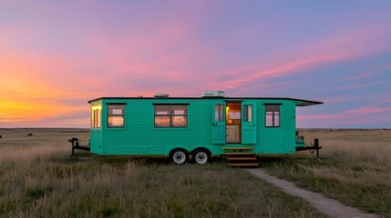Fototapeta premium Teal Tiny House on Wheels at Sunset in a Grassland