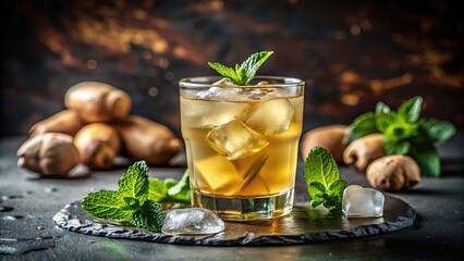 Fototapeta premium Dark, intimate ginger cocktail, garnished with mint on ice.