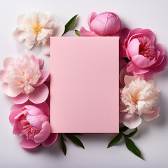 Empty Pink Card with Peonies on White Background