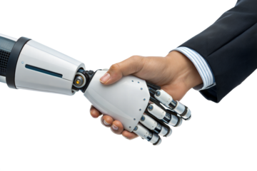 Human and robot handshake, technology collaboration, humanity collaboration, isolated on transparent background