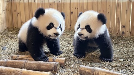 Naklejka premium Two adorable panda cubs in a zoo enclosure with bamboo