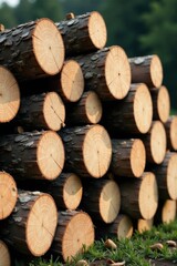 Stack of freshly cut logs in a natural setting, bathed in warm sunlight, showcasing the beautiful texture and rings of the wood