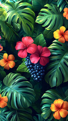 Fototapeta premium Vibrant Tropical Floral Pattern With Hibiscus And Berries