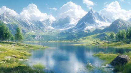 Fototapeta premium Sunny alpine lake nestled between snowy peaks
