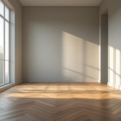 Fototapeta premium An empty light gray living room with wooden floor