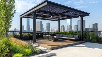 Obraz premium Minimalist rooftop lounge with eco-friendly solar panel pergola, open seating, and panoramic city views, green urban minimalism.