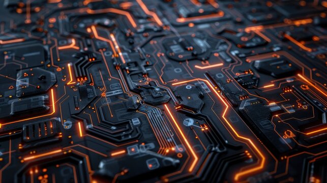 Futuristic Circuit Board with Orange Light Trails - High Tech Electronic Background
