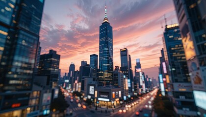 Obraz premium Sunset cityscape urban landscape digital image evening aerial view gigapixel cgi
