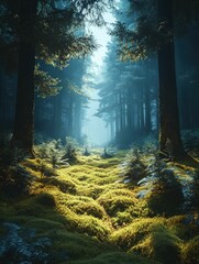 Fototapeta premium Sunlit path through mystical, moss-covered forest.