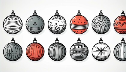 Doodle christmas ball element set. Hand drawn sketch style ball. Cute christmas bauble for border, background design with text place. Isolated perfect any project.