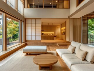 Warm modern japanese living room featuring a kitchen beyond