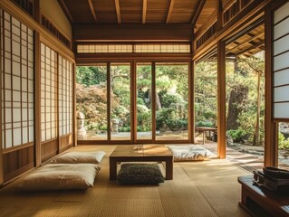 Serene japanese room overlooks a lush garden landscape outside