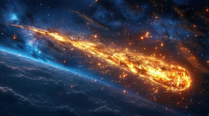 Fototapeta premium Fiery Comet Flying Through Space with Stars and Clouds