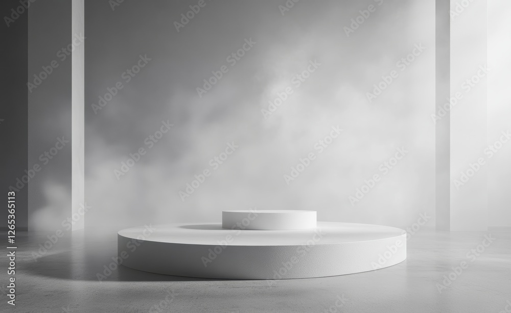 Aufkleber white, empty studio space featuring a foggy atmosphere and circular platform, ideal for product pres