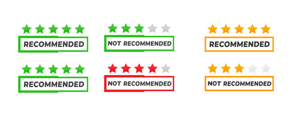 Recommend not recommend with Five stars review icon set. Customer product, green, red, yellow, 4 star, three, quality, customer rating, review tag, flat design. Transparent png and vector illustration