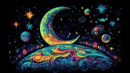 Psychedelic art of crescent moon on planet with stars and galaxy on dark background for fantasy theme
