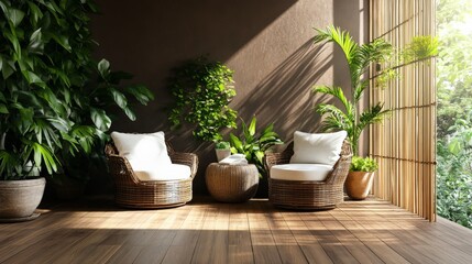 Fototapeta premium Modern wooden interior with organic textures, bamboo flooring, and plant walls, a perfect balance between nature and minimalism.