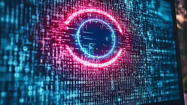 A computer monitor displaying a digital graphic with a circular design and binary code, suggesting a futuristic or tech theme.