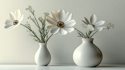 Elegant white cosmos flowers in simple vases