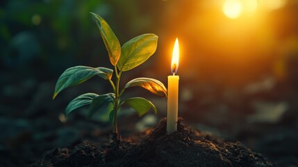 A glimmer of hope: Candle illuminates a small plant, symbolizing resilience